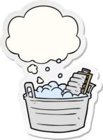 cartoon old washboard and bucket with thought bubble as a printed sticker png