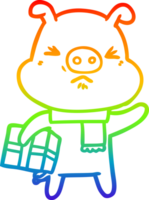 rainbow gradient line drawing of a cartoon angry pig with christmas present png