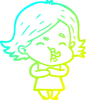 cold gradient line drawing of a cartoon girl pulling face png