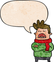 cartoon obnoxious man in winter clothes with speech bubble in retro texture style png