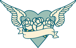 iconic tattoo style image of heart with wings flowers and banner png