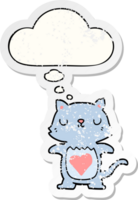 linda dibujos animados gato con pensamiento burbuja como un afligido desgastado pegatina png