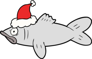 hand- getrokken lijn tekening van een vis vervelend de kerstman hoed png
