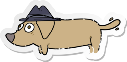 autocollant en détresse d'un chien de dessin animé portant un chapeau png