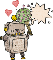 cartoon robot in love with speech bubble in retro texture style png