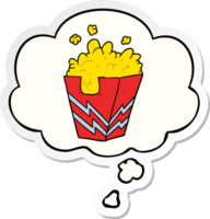 tekenfilm doos van popcorn met gedachte bubbel net zo een gedrukt sticker png