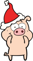 gelukkig hand- getrokken lijn tekening van een varken vervelend de kerstman hoed png
