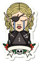 sticker of a crying elf rogue character with natural one D20 roll png