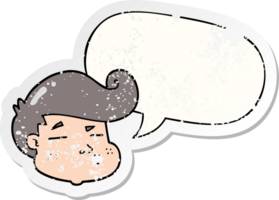 cartoon boy's face with speech bubble distressed distressed old sticker png