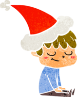 main tiré rétro dessin animé de une content garçon portant Père Noël chapeau png