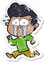 distressed sticker of a cartoon crying man running png