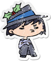 hand drawn christmas distressed sticker cartoon of kawaii boy png