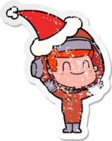 gelukkig hand- getrokken verontrust sticker tekenfilm van een astronaut Mens vervelend de kerstman hoed png