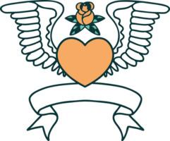 tatuaje tradicional con pancarta de un corazón con alas png