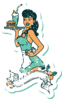 distressed sticker tattoo in traditional style of a pinup waitress girl with banner png