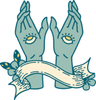 tatouage traditionnel avec bannière de mains mystiques png