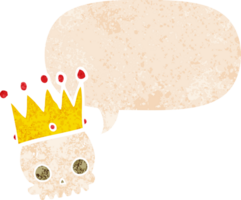 cartoon skull with crown with speech bubble in grunge distressed retro textured style png