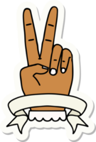 adesivo de um gesto de mão de dois dedos de paz com banner png