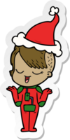 happy hand drawn sticker cartoon of a girl in space suit wearing santa hat png