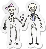 retro distressed sticker of a cartoon skeletons in love png