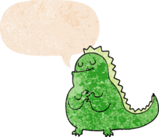 cartoon dinosaur with speech bubble in grunge distressed retro textured style png