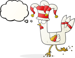 hand drawn thought bubble cartoon chicken running in funny hat png