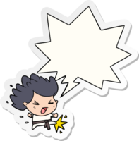 cute cartoon kicking karate champion with speech bubble sticker png