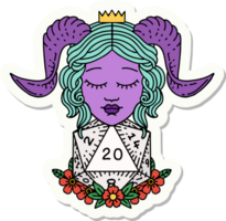 sticker of a tiefling with natural twenty d20 dice roll png