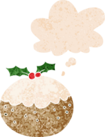 tecknad serie jul pudding med trodde bubbla i grunge bedrövad retro texturerad stil png