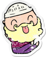 distressed sticker of a sitting man with beard sticking out tongue png