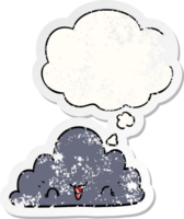 mignonne dessin animé nuage avec pensée bulle comme une affligé usé autocollant png