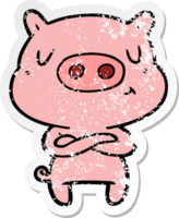 distressed sticker of a cartoon content pig png