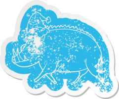 quirky cartoon distressed sticker of a wild boar wearing santa hat png