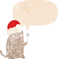 mignonne dessin animé Noël chat avec discours bulle dans grunge affligé rétro texturé style png