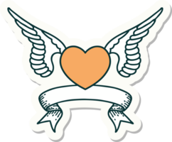 Aufkleber im Tattoo-Stil mit Banner eines Herzens mit Flügeln png