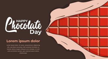 Happy chocolate day. Background template design with melted illustration of torn square chocolate packaging vector