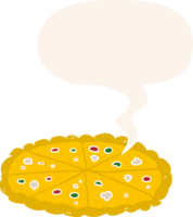 cartoon double cheese pizza with speech bubble in retro style png