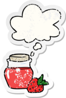 cartoon jam jar with thought bubble as a distressed worn sticker png