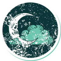 image emblématique de style tatouage d'autocollant en détresse d'un croissant de lune de crâne et de nuages png