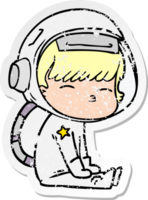 distressed sticker of a cartoon curious astronaut png