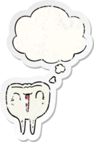 cartoon happy tooth with thought bubble as a distressed worn sticker png