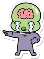 sticker van een cartoon big brain alien die huilt en wijst png