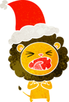 main tiré rétro dessin animé de une Lion portant Père Noël chapeau png