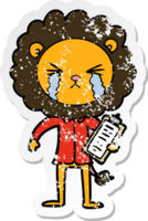 distressed sticker of a cartoon crying lion with clipboard png