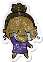 distressed sticker of a cartoon crying old lady png