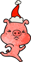 hand- getrokken getextureerde tekenfilm van een geërgerd varken rennen vervelend de kerstman hoed png