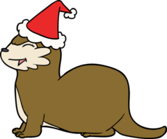 laughing otter hand drawn line drawing of a wearing santa hat png