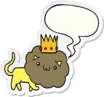 desenho animado leão com coroa com discurso bolha adesivo png
