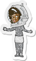 retro bedrövad klistermärke av en tecknad serie kvinna bär astronaut hjälm png