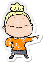 distressed sticker of a cartoon peaceful old woman png